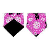 Bandana in a dog friendly pattern that shows a girl dog with hat and necklace, along with a mirror ball, champagne glasses, fireworks and confetti on a magenta cheetah print background. Design is reversible with black on the opposite side.