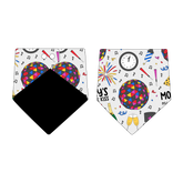 Bandana in a dog friendly pattern that shows a multi-colored New Years ball, the words Mommy's Midnight Kiss, a clock, champagne bottle and champagne toast, fireworks, confetti and more on a white background. Design is reversible with black on the opposite side.