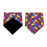 Bandana in a dog friendly pattern that shows a colorful geometric design that looks like the New Years Eve ball that drops in Times Square. Design is reversible with black on the opposite side.