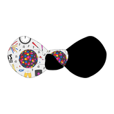 Hair bow twisted with two fabrics: one in a dog friendly pattern that shows a multi-colored New Years ball, the words Mommy's Midnight Kiss, a clock, champagne bottle and champagne toast, fireworks, confetti and more on a white background and one side in black.