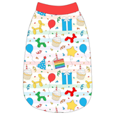 Tank in a dog friendly pattern that shows party images like balloons, cake, gifts, party hats and more. It's complete with solid red trim on the neck, waist and shoulders.