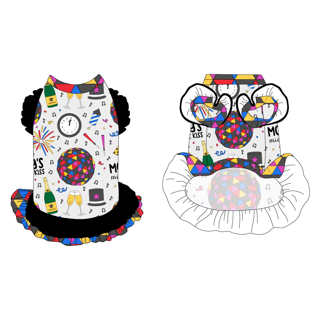 Dress with ruffle accents on the shoulders and girly double ruffle skirt in a dog friendly pattern that shows a multi-colored New Years ball, the words Mommy's Midnight Kiss, a clock, champagne bottle and champagne toast, fireworks, confetti and more on a white background. It's complete with NYE Ball trim on the neck, black ruffles on the shoulders, a black asymmetrical ruffle on top of a NYE Ball ruffle skirt, as well as a coordinating trim under the shoulder ruffles in black.