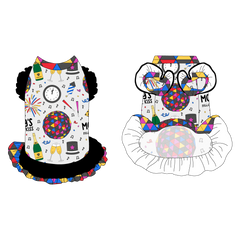 Dress with ruffle accents on the shoulders and girly double ruffle skirt in a dog friendly pattern that shows a multi-colored New Years ball, the words Mommy's Midnight Kiss, a clock, champagne bottle and champagne toast, fireworks, confetti and more on a white background. It's complete with NYE Ball trim on the neck, black ruffles on the shoulders, a black asymmetrical ruffle on top of a NYE Ball ruffle skirt, as well as a coordinating trim under the shoulder ruffles in black.