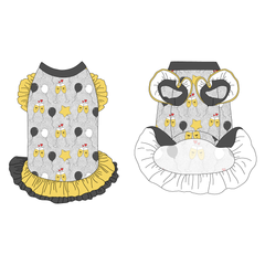 Dress with ruffle accents on the shoulders and girly double ruffle skirt in a dog friendly pattern that shows two happy champagne glasses making a toast with hearts overhead, gold star balloons and traditional balloons in white and gray on a silver sparkle background. It's complete with gray trim on the neck, gold ruffles on the shoulders, a gold asymmetrical ruffle on top of a gray ruffle skirt, as well as a coordinating trim under the shoulder ruffles in gray.