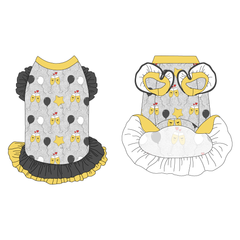 Dress with ruffle accents on the shoulders and girly double ruffle skirt in a dog friendly pattern that shows two happy champagne glasses making a toast with hearts overhead, gold star balloons and traditional balloons in white and gray on a silver sparkle background. It's complete with gold trim on the neck, gray ruffles on the shoulders, a gray asymmetrical ruffle on top of a gold ruffle skirt, as well as a coordinating trim under the shoulder ruffles in gold.