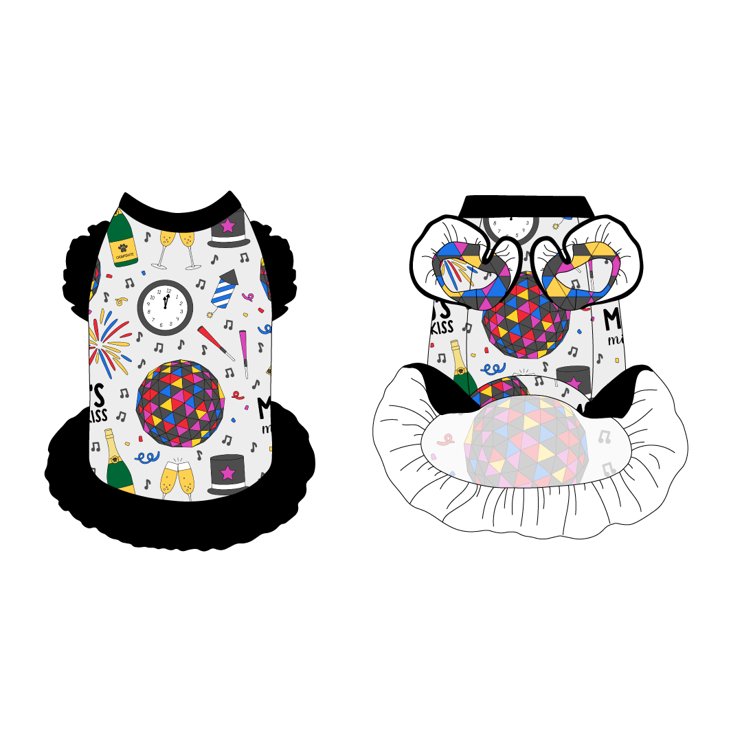 Dress with ruffle accents on the shoulders and girly ruffle skirt in a dog friendly pattern that shows a multi-colored New Years ball, the words Mommy's Midnight Kiss, a clock, champagne bottle and champagne toast, fireworks, confetti and more on a white background. It's complete with black trim on the neck and ruffles, as well as a coordinating trim under the shoulder ruffles in NYE Ball.