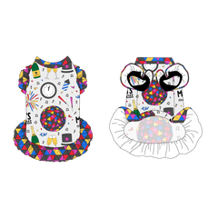 Dress with ruffle accents on the shoulders and girly ruffle skirt in a dog friendly pattern that shows a multi-colored New Years ball, the words Mommy's Midnight Kiss, a clock, champagne bottle and champagne toast, fireworks, confetti and more on a white background. It's complete with NYE Ball trim on the neck and ruffles, as well as a coordinating trim under the shoulder ruffles in black.