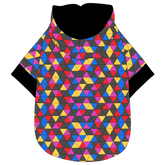 Hoodie in a dog friendly pattern that shows a colorful geometric design that looks like the New Years Eve ball that drops in Times Square. It's complete with a hood lined in solid black. Black trim is also on the waist and sleeves.