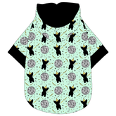 Hoodie in a dog friendly pattern that shows a mirror ball, dog with a party blower and confetti on a light green background. It's complete with a hood lined in black. Black trim is on the waist and sleeves