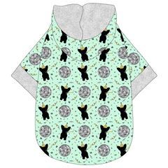 Hoodie in a dog friendly pattern that shows a mirror ball, dog with a party blower and confetti on a light green background. It's complete with a hood lined in silver sparkle. Silver sparkle trim is on the waist and sleeves