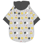 Hoodie in a dog friendly pattern that shows two happy champagne glasses making a toast with hearts overhead, gold star balloons and traditional balloons in white and gray on a silver sparkle background. It's complete with a hood lined in gray. Gray trim is on the waist and sleeves