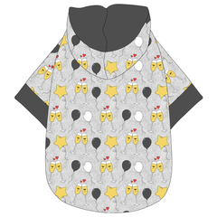 Hoodie in a dog friendly pattern that shows two happy champagne glasses making a toast with hearts overhead, gold star balloons and traditional balloons in white and gray on a silver sparkle background. It's complete with a hood lined in gray. Gray trim is on the waist and sleeves