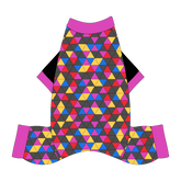Comfy Christmas Pajamas with solid black sleeves and a dog friendly pattern that shows a colorful geometric design that looks like the New Years Eve ball that drops in Times Square. It's complete with magenta trim on the neck, sleeves and waist.