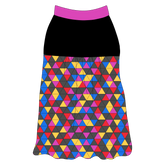 Tank style in a dog friendly pattern that shows a colorful geometric design that looks like the New Years Eve ball that drops in Times Square. It's complete with solid black on the upper back and gathering at the yoke. Magenta trim is on the neck and shoulders.