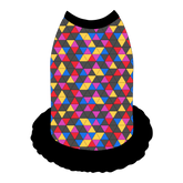 Dress style tank with a girly ruffle skirt in a dog friendly pattern that shows a colorful geometric design that looks like the New Years Eve ball that drops in Times Square. It's complete with black trim on the neck, shoulders and ruffles.