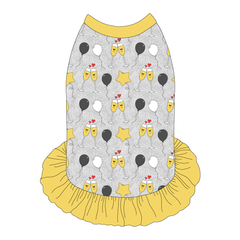 Dress style tank with a girly ruffle skirt in a dog friendly pattern that shows two happy champagne glasses making a toast with hearts overhead, gold star balloons and traditional balloons in white and gray on a silver sparkle background. It's complete with gold trim on the neck, shoulders and ruffles.