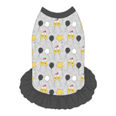 Dress style tank with a girly ruffle skirt in a dog friendly pattern that shows two happy champagne glasses making a toast with hearts overhead, gold star balloons and traditional balloons in white and gray on a silver sparkle background. It's complete with gray trim on the neck, shoulders and ruffles.