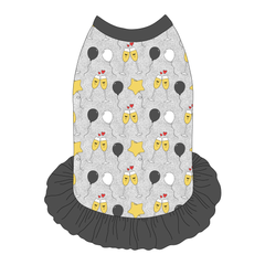 Dress style tank with a girly ruffle skirt in a dog friendly pattern that shows two happy champagne glasses making a toast with hearts overhead, gold star balloons and traditional balloons in white and gray on a silver sparkle background. It's complete with gray trim on the neck, shoulders and ruffles.