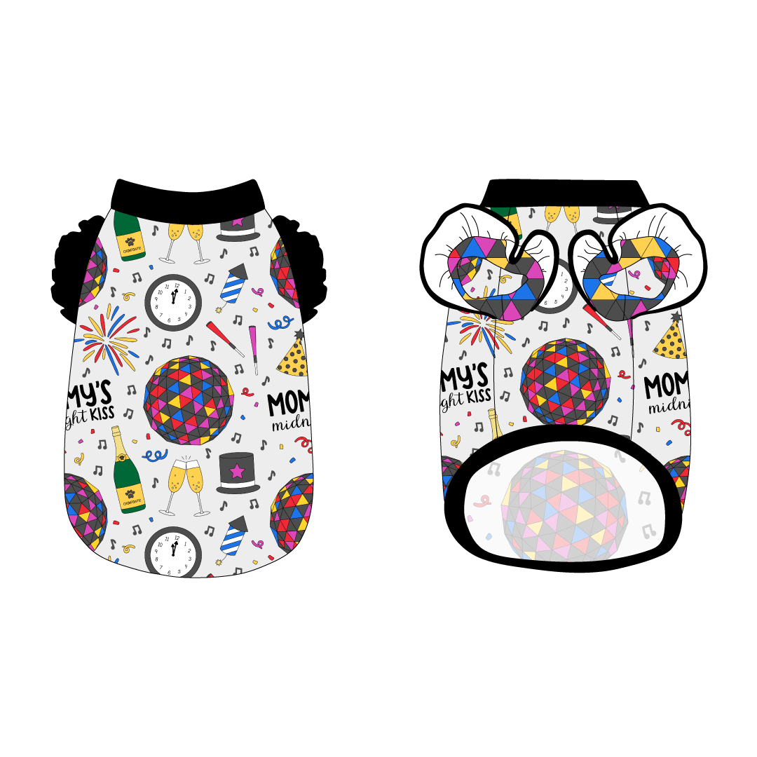 Tank with ruffle accents on the shoulders in a dog friendly pattern that shows a multi-colored New Years ball, the words Mommy's Midnight Kiss, a clock, champagne bottle and champagne toast, fireworks, confetti and more on a white background. It's complete with black trim on the neck, waist and shoulder ruffles, as well as a coordinating trim under the shoulder ruffles in NYE Ball.