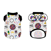 Tank with ruffle accents on the shoulders in a dog friendly pattern that shows a multi-colored New Years ball, the words Mommy's Midnight Kiss, a clock, champagne bottle and champagne toast, fireworks, confetti and more on a white background. It's complete with black trim on the neck, waist and shoulder ruffles, as well as a coordinating trim under the shoulder ruffles in NYE Ball.