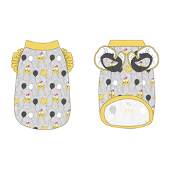 Tank with ruffle accents on the shoulders in a dog friendly pattern that shows two happy champagne glasses making a toast with hearts overhead, gold star balloons and traditional balloons in white and gray on a silver sparkle background. It's complete with gold trim on the neck, waist and shoulder ruffles, as well as a coordinating trim under the shoulder ruffles in gray.