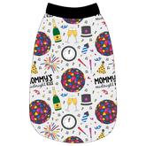 Tank in a dog friendly pattern that shows a multi-colored New Years ball, the words Mommy's Midnight Kiss, a clock, champagne bottle and champagne toast, fireworks, confetti and more on a white background. It's complete with black trim on the neck, waist and shoulders.