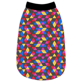 Tank in a dog friendly pattern that shows a colorful geometric design that looks like the New Years Eve ball that drops in Times Square. It's complete with black trim on the neck, waist and shoulders.