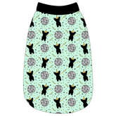 Tank in a dog friendly pattern that shows a mirror ball, dog with a party blower and confetti on a light green background. It's complete with black trim on the neck, waist and shoulders.