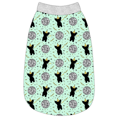 Tank in a dog friendly pattern that shows a mirror ball, dog with a party blower and confetti on a light green background. It's complete with silver sparkle trim on the neck, waist and shoulders.