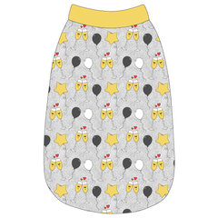 Tank in a dog friendly pattern that shows two happy champagne glasses making a toast with hearts overhead, gold star balloons and traditional balloons in white and gray on a silver sparkle background. It's complete with gold trim on the neck, waist and shoulders.