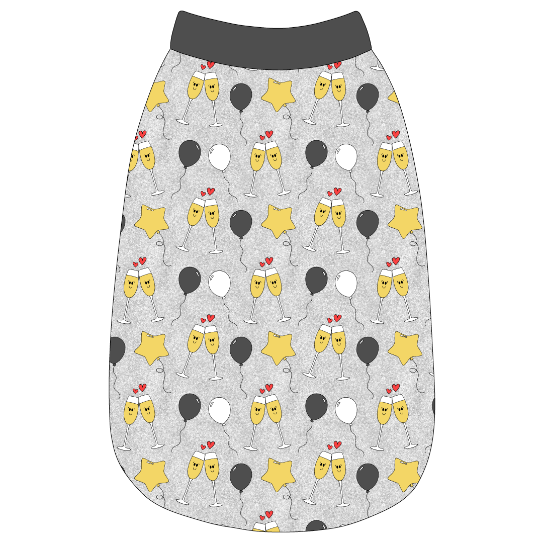 Tank in a dog friendly pattern that shows two happy champagne glasses making a toast with hearts overhead, gold star balloons and traditional balloons in white and gray on a silver sparkle background. It's complete with gray trim on the neck, waist and shoulders.