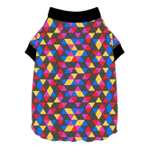 Tee shirt style with flutter hem in a dog friendly pattern that shows a colorful geometric design that looks like the New Years Eve ball that drops in Times Square. It's complete with black trim on the neck and sleeves.