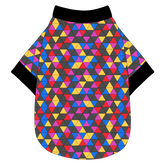 Tee shirt in a dog friendly pattern that shows a colorful geometric design that looks like the New Years Eve ball that drops in Times Square. It's complete with black trim on the neck, waist and sleeves.
