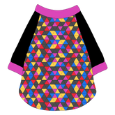 Raglan style tee in a dog friendly pattern that shows a colorful geometric design that looks like the New Years Eve ball that drops in Times Square. It's complete with solid black sleeves and trimmed in magenta. Magenta trim is also on the neck and waist.