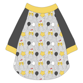 Raglan style tee in a dog friendly pattern that shows two happy champagne glasses making a toast with hearts overhead, gold star balloons and traditional balloons in white and gray on a silver sparkle background. It's complete with gray sleeves and trimmed in gold. Gold trim is also on the neck and waist.