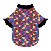 Tee style in a dog friendly pattern that shows a colorful geometric design that looks like the New Years Eve ball that drops in Times Square. It's complete with black ruffles on the sleeve edges. Black trim is also on the neck and waist.