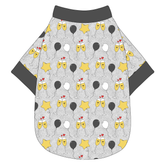 Tee shirt in a dog friendly pattern that shows two happy champagne glasses making a toast with hearts overhead, gold star balloons and traditional balloons in white and gray on a silver sparkle background. It's complete with gray trim on the neck, waist and sleeves
