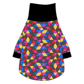 Tee shirt with turtleneck in a dog friendly pattern that shows a colorful geometric design that looks like the New Years Eve ball that drops in Times Square. It's complete with black trim on the neck, sleeves and waist.