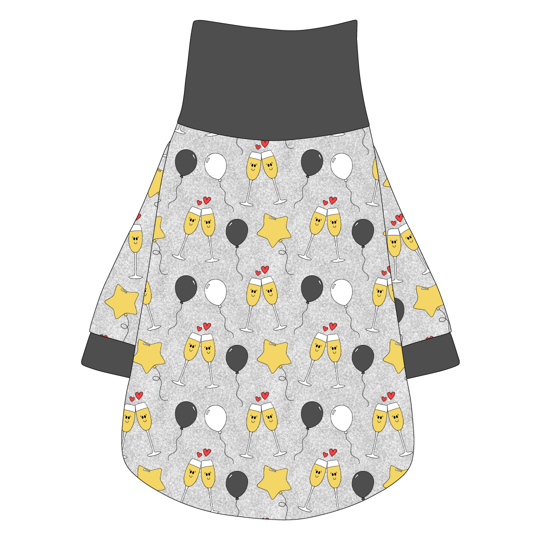 Tee shirt with turtleneck in a dog friendly pattern that shows two happy champagne glasses making a toast with hearts overhead, gold star balloons and traditional balloons in white and gray on a silver sparkle background. It's complete with gray trim on the neck, waist and sleeves.