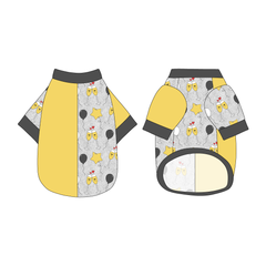 Split back tee shirt using two coordinating fabrics: one side in solid gold and one side in a dog friendly pattern that shows two happy champagne glasses making a toast with hearts overhead, gold star balloons and traditional balloons in white and gray on a silver sparkle background. It's complete with gray trim on the neck, sleeves and waist.