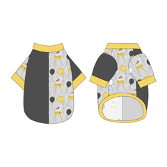 Split back tee shirt using two coordinating fabrics: one side in solid gray and one side in a dog friendly pattern that shows two happy champagne glasses making a toast with hearts overhead, gold star balloons and traditional balloons in white and gray on a silver sparkle background. It's complete with gold trim on the neck, sleeves and waist.