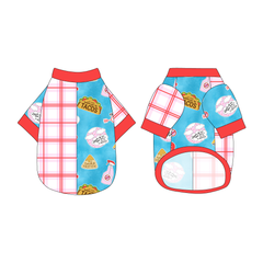 Split back tee shirt using two coordinating fabrics: one side in red and pink plaid and one side in a dog friendly pattern that shows witty anti-Valentine phrases and fun images. It's complete with solid red trim on the neck, sleeves and waist.