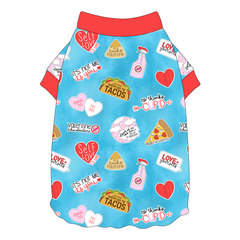 Tee shirt style with flutter hem in a dog friendly pattern that shows witty anti-Valentine phrases and fun images. It's complete with solid red trim on the neck and sleeves.