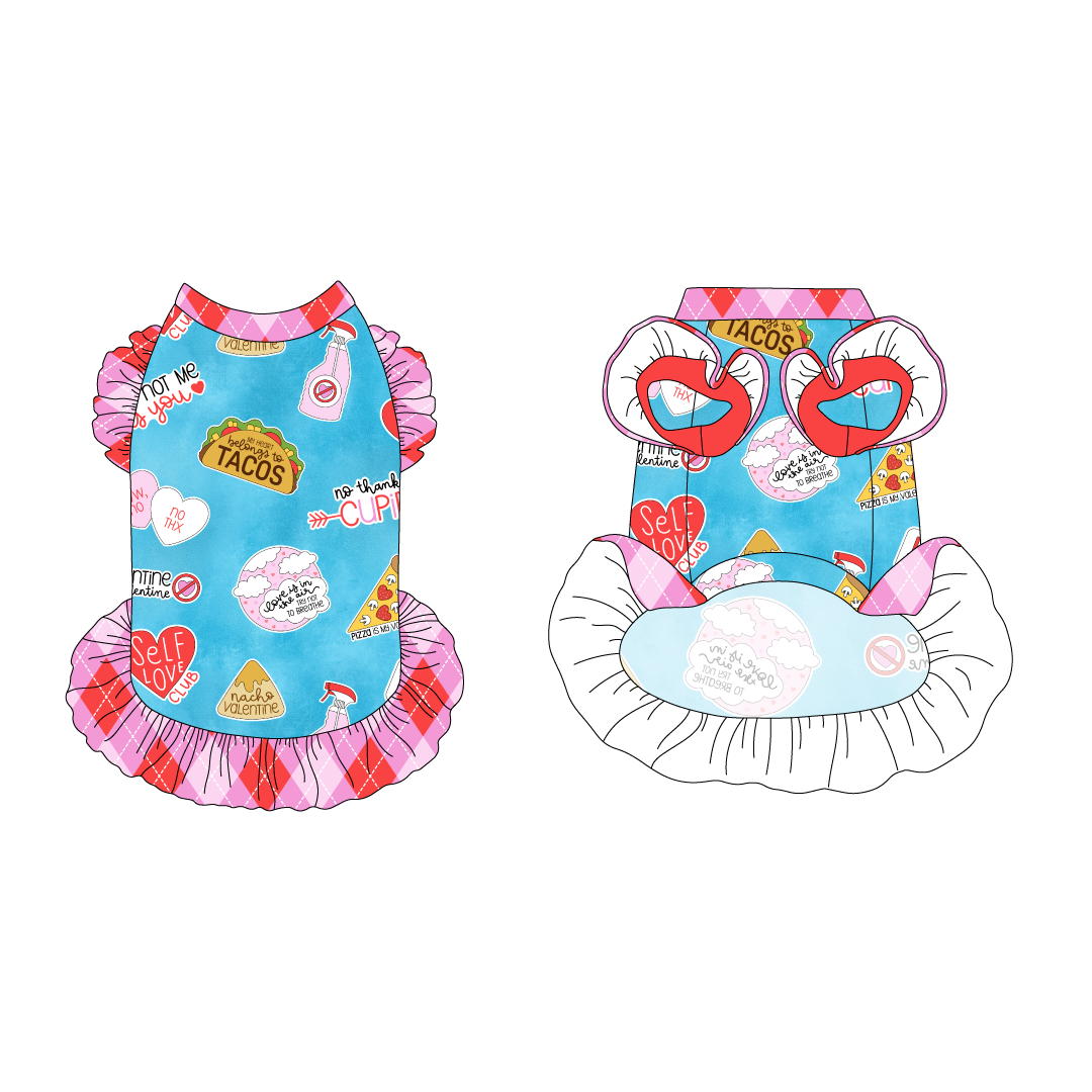 Dress with ruffle accents on the shoulders and girly ruffle skirt in a dog friendly pattern that shows witty anti-Valentine phrases and fun images. It's complete with Valentine argyle plaid trim on the neck and ruffles, as well as a coordinating trim under the shoulder ruffles in solid red.