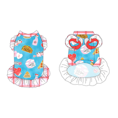 Dress with ruffle accents on the shoulders and girly ruffle skirt in a dog friendly pattern that shows witty anti-Valentine phrases and fun images. It's complete with red and pink plaid trim on the neck and ruffles, as well as a coordinating trim under the shoulder ruffles in solid pink.