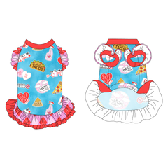 Dress with ruffle accents on the shoulders and girly double ruffle skirt in a dog friendly pattern that shows witty anti-Valentine phrases and fun images. It's complete with solid red trim on the neck, Valentine argyle plaid ruffles on the shoulders, a Valentine argyle plaid asymmetrical ruffle on top of a solid red ruffle skirt, as well as a coordinating trim under the shoulder ruffles in solid red.