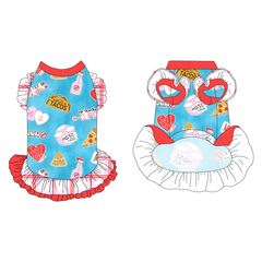 Dress with ruffle accents on the shoulders and girly double ruffle skirt in a dog friendly pattern that shows witty anti-Valentine phrases and fun images. It's complete with solid red trim on the neck, red and pink plaid ruffles on the shoulders, a red and pink plaid asymmetrical ruffle on top of a solid red ruffle skirt, as well as a coordinating trim under the shoulder ruffles in solid red.