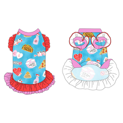 Dress with ruffle accents on the shoulders and girly double ruffle skirt in a dog friendly pattern that shows witty anti-Valentine phrases and fun images. It's complete with solid pink trim on the neck, solid red ruffles on the shoulders, a solid red asymmetrical ruffle on top of a solid pink ruffle skirt, as well as a coordinating trim under the shoulder ruffles in solid pink.