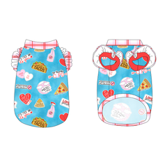 Tank with ruffle accents on the shoulders in a dog friendly pattern that shows witty anti-Valentine phrases and fun images. It's complete with red and pink plaid trim on the neck, waist and shoulder ruffles, as well as a coordinating trim under the shoulder ruffles in solid red.