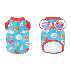 Tank with ruffle accents on the shoulders in a dog friendly pattern that shows witty anti-Valentine phrases and fun images. It's complete with solid red trim on the neck, waist and shoulder ruffles, as well as a coordinating trim under the shoulder ruffles in solid pink.